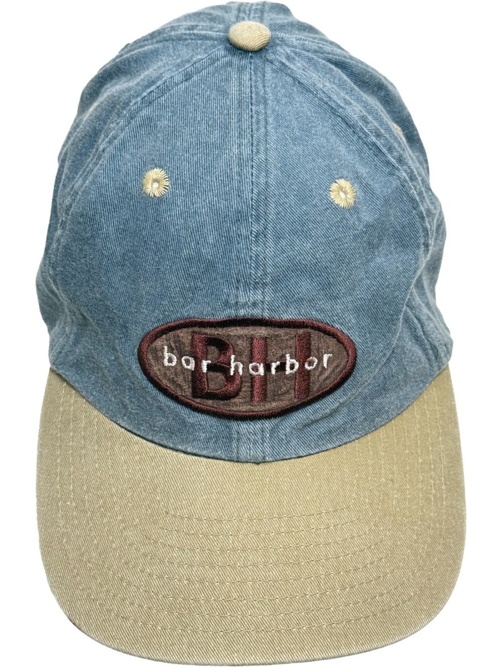 Vintage Bar Harbor Maine Denim Hat Blue & Khaki Cotton 1 Size Adjustable Strap